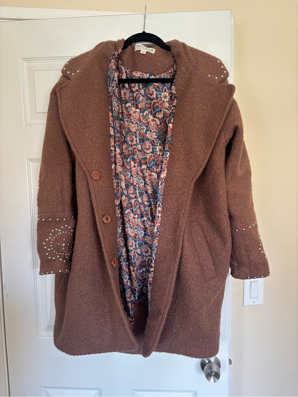 Idyllwind Brown Bouclé Coat with Blue and Pink Floral Lining